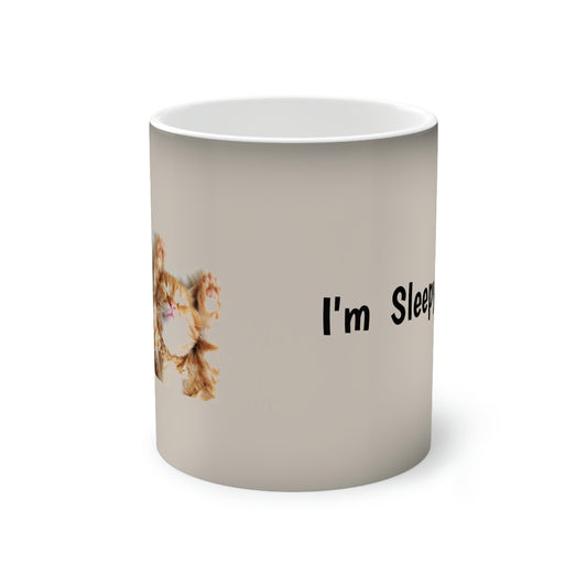 Sleep Cat. Color-Changing Mug 11 oz HAND WASH ONLY! Custom Artwork. Unique Whimsical Flare. Vivid Colors. Fill your Mug from Shookie Mookie with Hot Coffee, Sweet Tea, Water, Soda, Ice Cream, Soup, Noodles, Chips or Peach Cobbler. Having Fun! Relaxing the day away!
