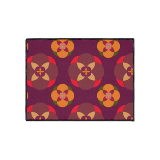Purple with Fancy Circles. Heavy Duty Floor Mat. Custom Artwork. Unique Whimsical Flare. Vivid Colors. Great to have in every room of your home and business. Soft against your bare feet. Children and Pets love playing on the floor mat. Such a Wonderful Gift!