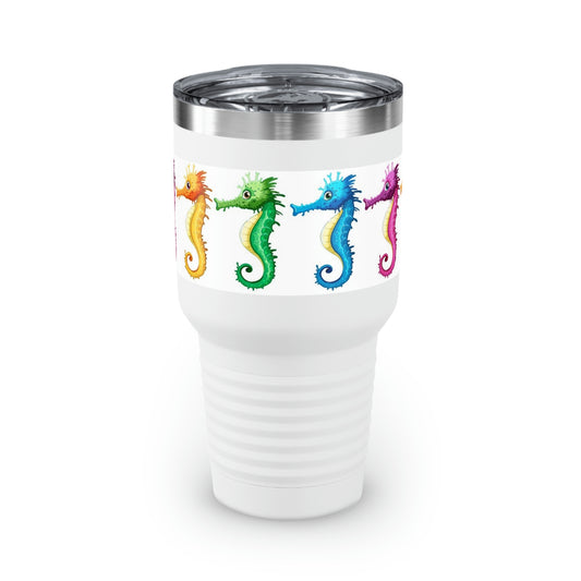 Colorful Seahorses. Ringneck Tumbler, 30 oz. Custom Artwork. Unique Whimsical Flare. Vivid Colors. Great for Men, Women and Children. Fill Tumber with hot coffee, sweet tea, milk, juice, soda, water. Any beverage. Great for Traveling, yard work, relaxing, hiking, work  and school.
