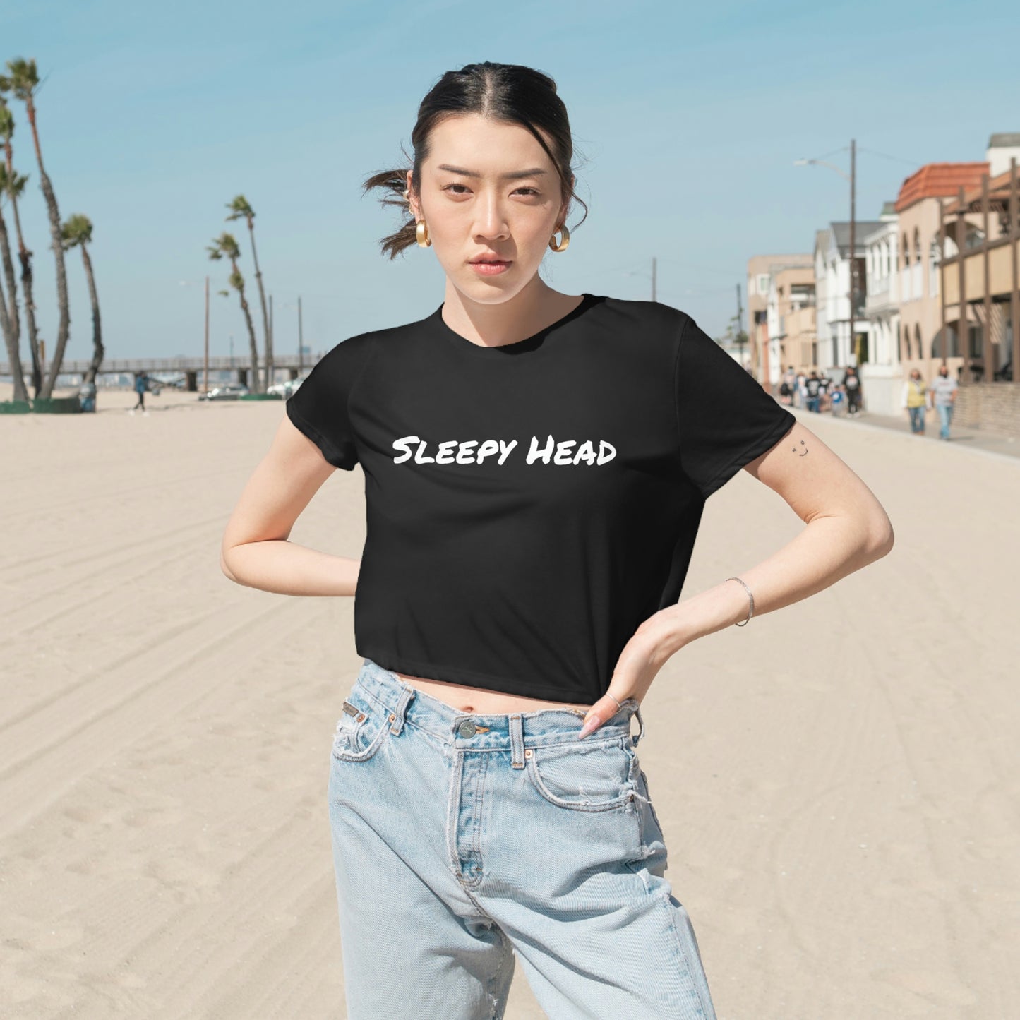 Sleepy Head  Maze Black Women's Cropped T-shirt Pajama Casual Traveling Relax