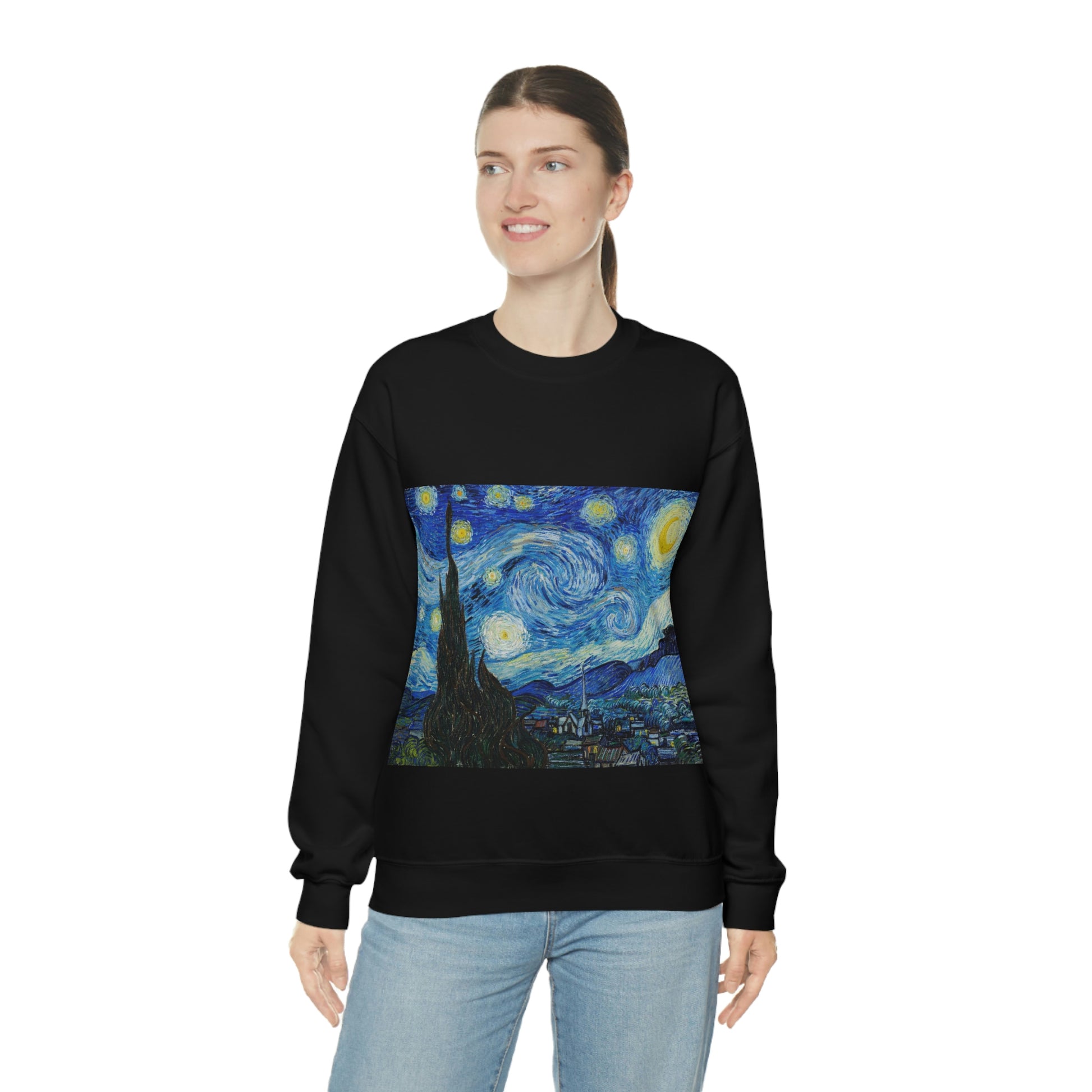 Starry Night Vincent van Gogh. Unisex Crewneck Sweatshirt. Custom Artwork. Unique Whimsical Flare. Vivid Colors. Soft against your skin. Helps to keep you  warm. Comfortable to wear every day of the week. 