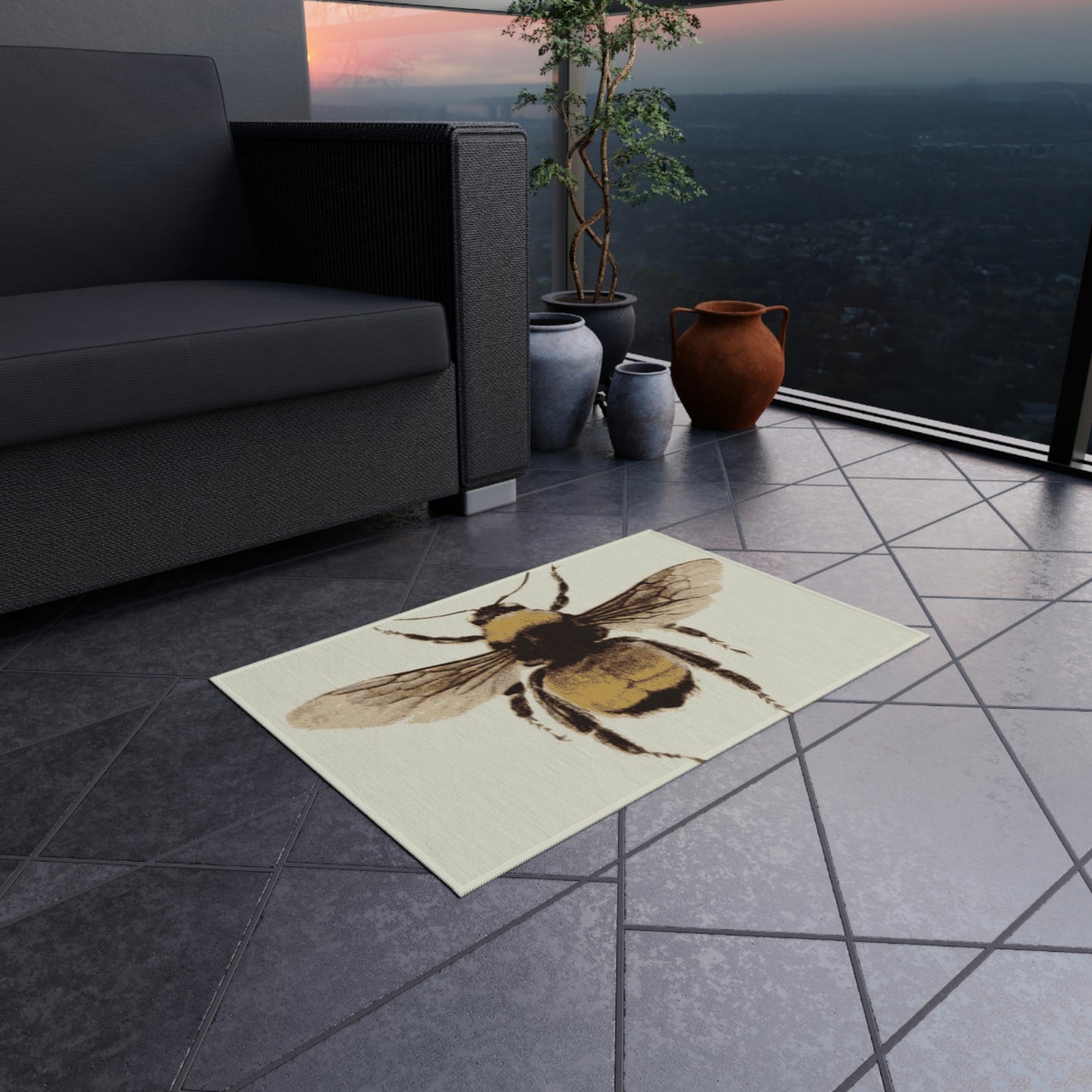 Yellow Bumble Bee Outdoor Rug Definitely at the Front Door!