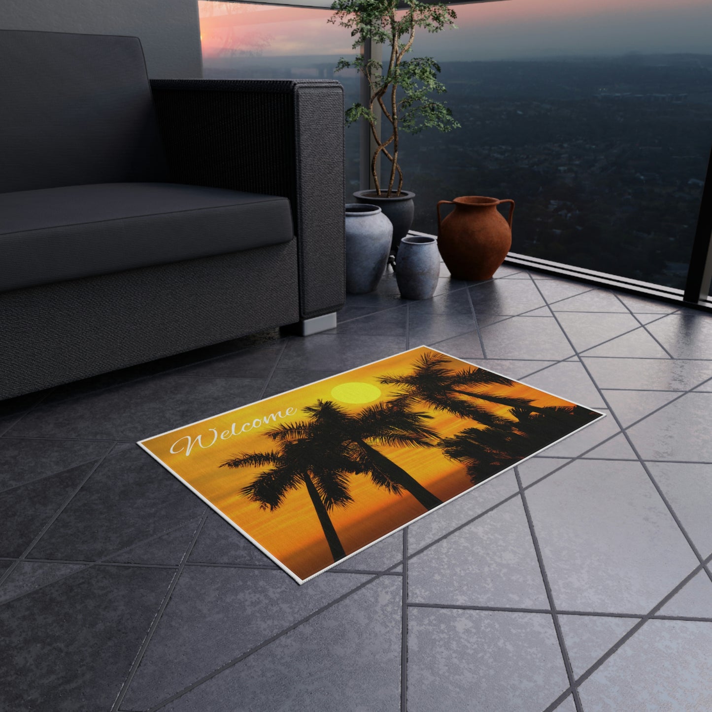 Alfombra de exterior Welcome Palm Trees Sunset ¡Me encanta mi regalo!