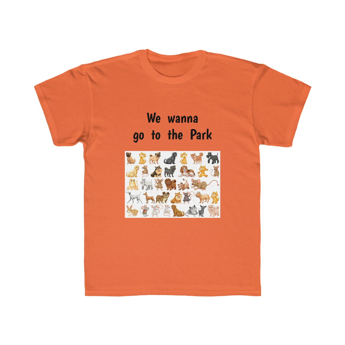We wanna go to the park, Dogs. Children Short Sleeve T-shirt.  Price: $24.00. Sizes: Small through Extra Large. Custom Artwork. Unique Whimsical Flare. Vivid Colors. Soft against your skin. Comfortable to wear every day of the week. Looking Cute at Grandma's house, School and on Vacation. 