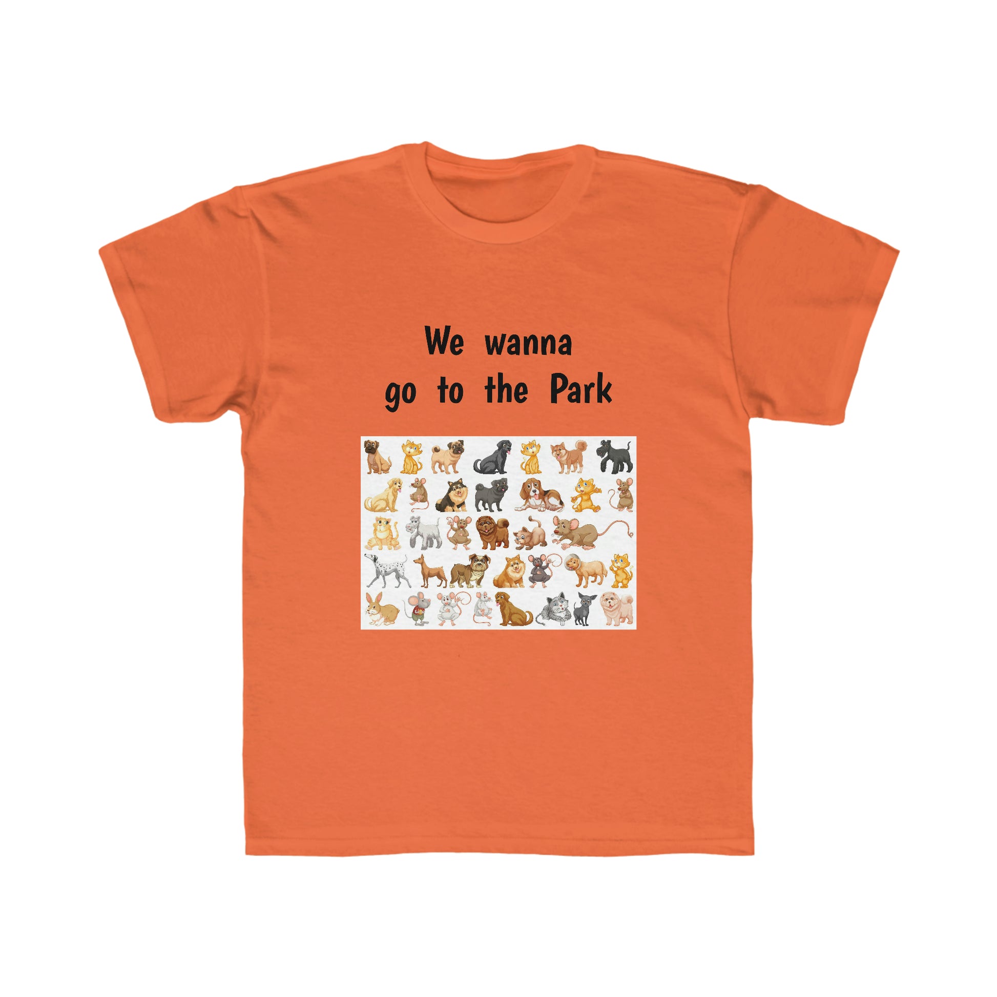 We wanna go to the park, Dogs. Children Short Sleeve T-shirt.  Price: $24.00. Sizes: Small through Extra Large. Custom Artwork. Unique Whimsical Flare. Vivid Colors. Soft against your skin. Comfortable to wear every day of the week. Looking Cute at Grandma's house, School and on Vacation. 