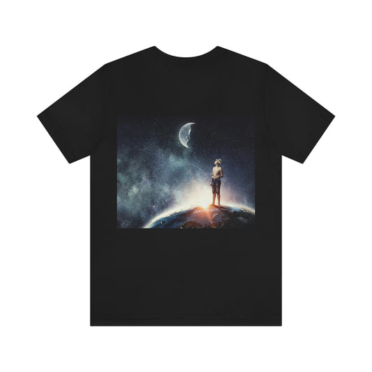 Little Boy looking at the moon. Unisex Jersey Short Sleeve T-shirt. Custom Artwork. Unique Whimsical  Flare. Soft against your skin. Comfortable to wear every day of the week. I love the quality and fit. 