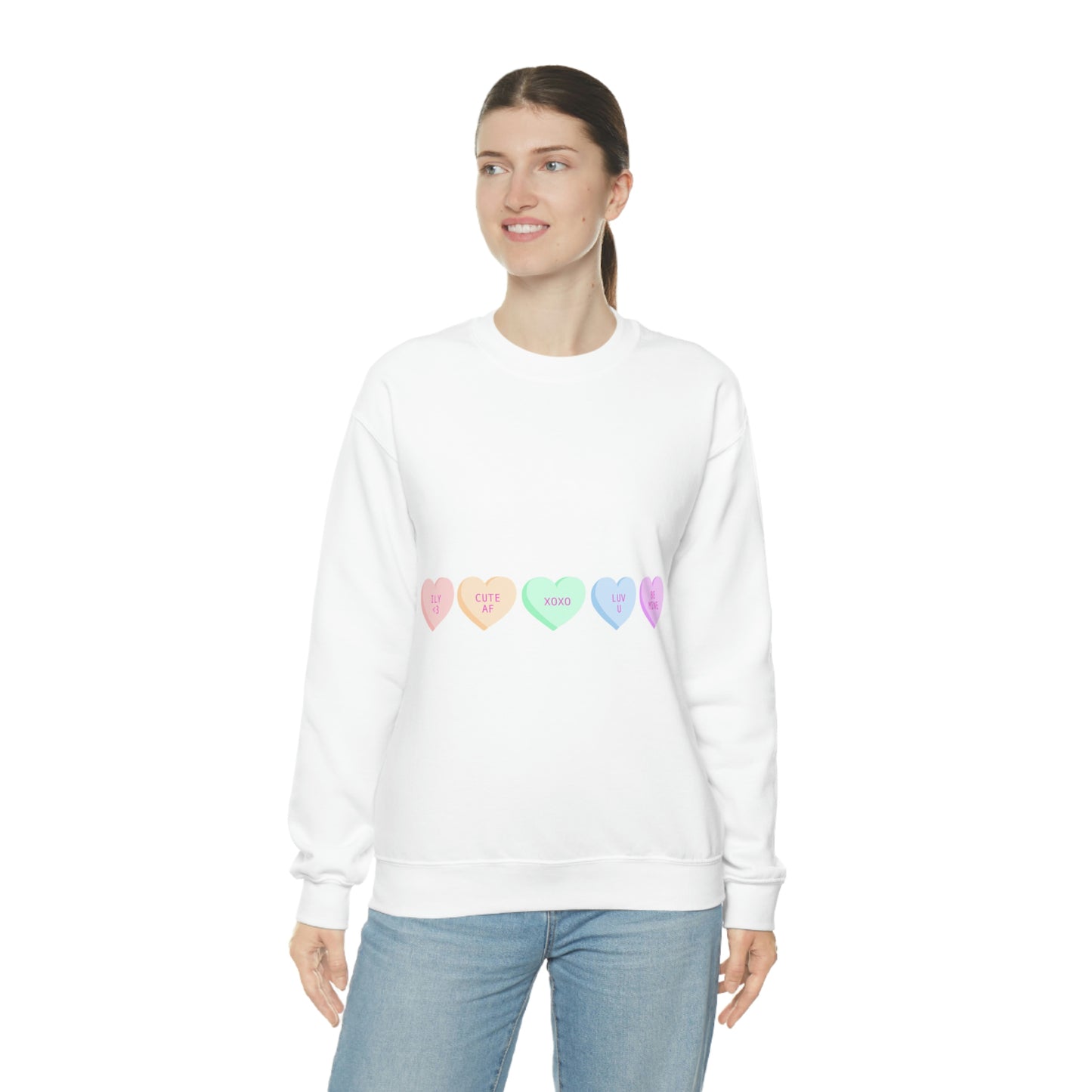 Sudadera con cuello redondo y corazones de caramelos ¡Me veo fabulosa!