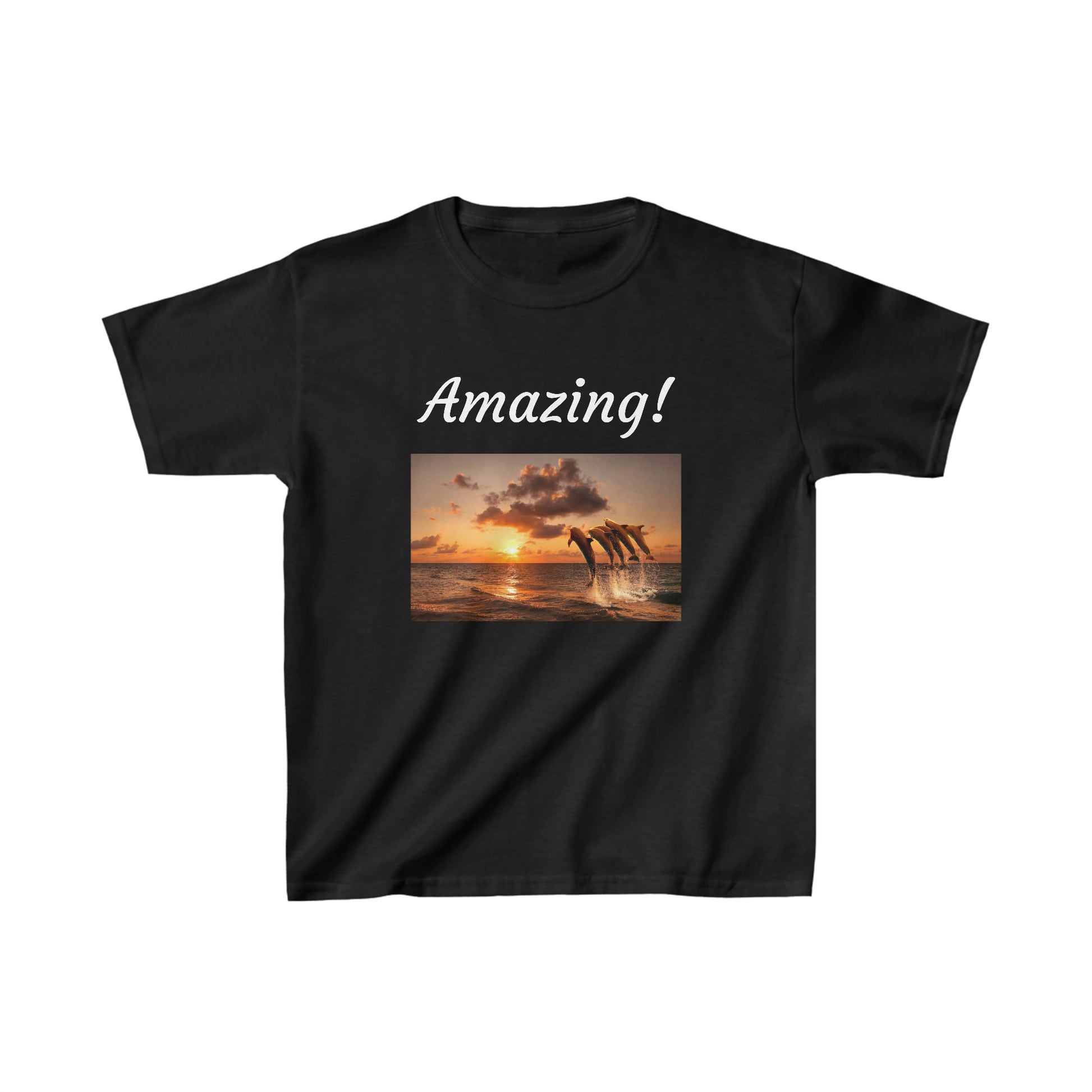 Amazing 5 Dolphins Jumping Together in Ocean. Youth T-shirt. Custom Artwork. Unique Whimsical Flare. Vivid Colors. Boys and Girls will Absolutely love these T-shirts! Adding a Splash of Color! Comfortable to wear every day of the week. Looking stylish at school, park, movies, bowling and at Grandma's house. Such a Wonderful Gift!