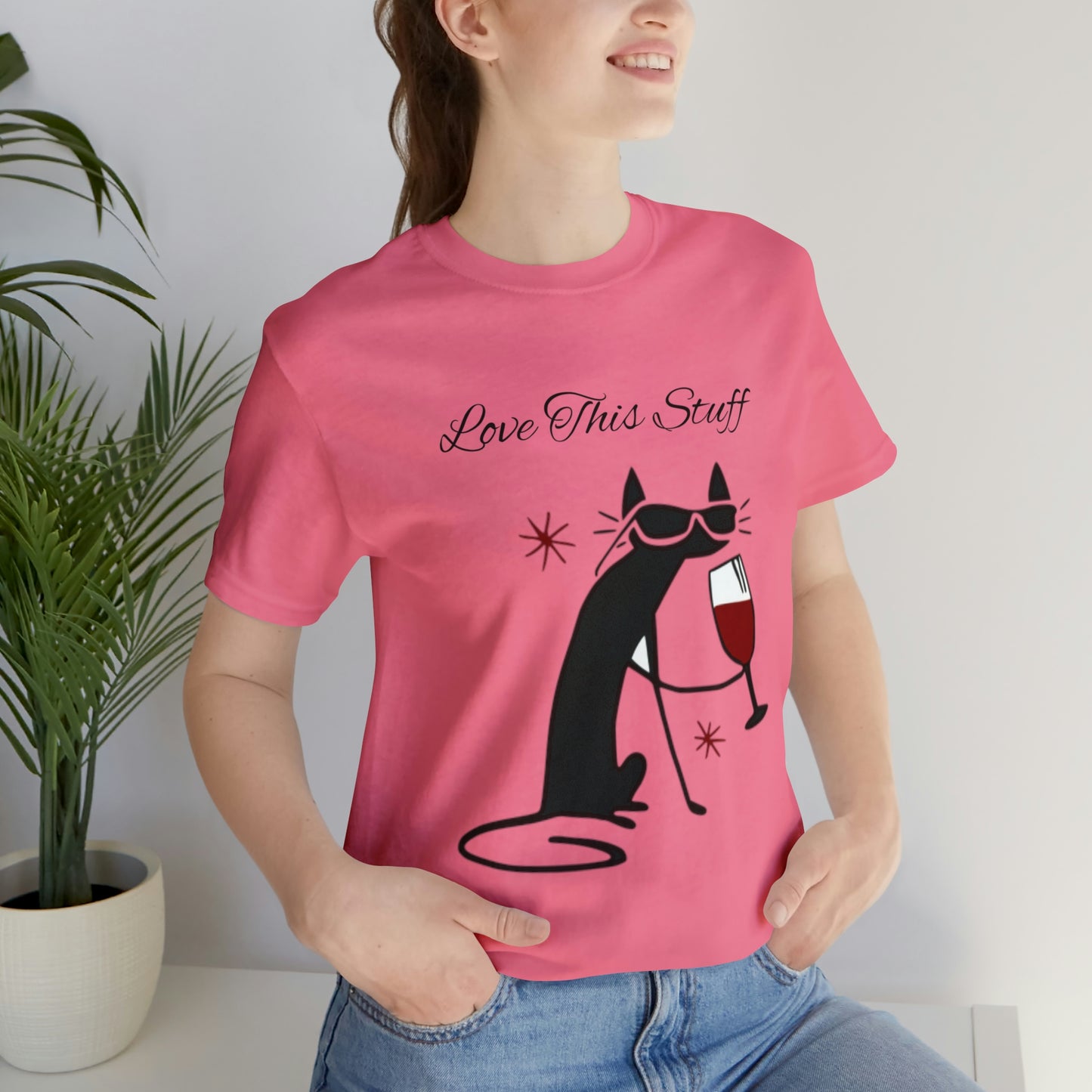 Camiseta con el gato negro bebiendo vino "Me encanta esta cosa"